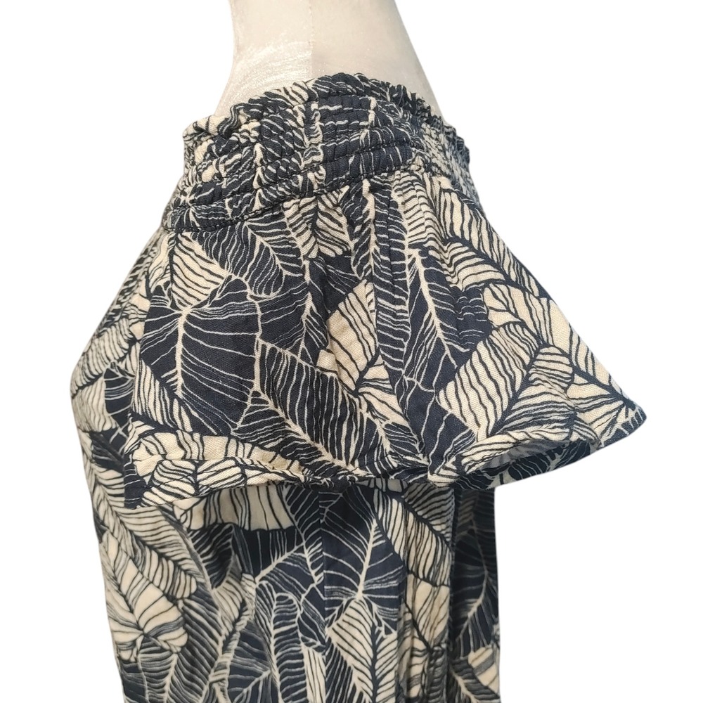 Marine Layer Shirley Navy Blue White Palm Leaf Off Shoulder Ruffle Mini Dress M - Picture 12 of 16